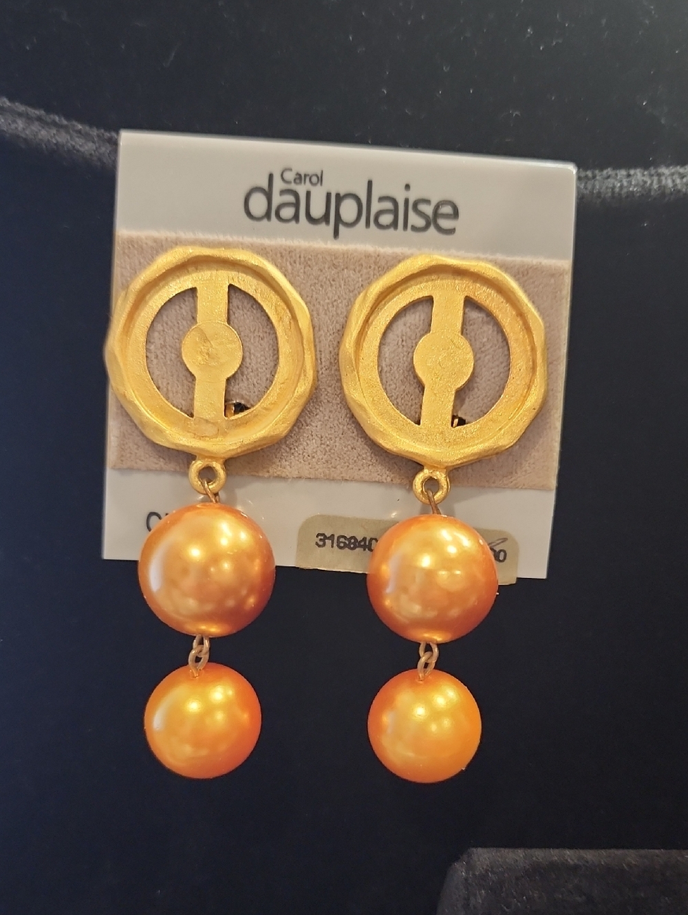 Vintage Carol Dauplaise Gold-Tone Orange Pearl Double Drop Earrings